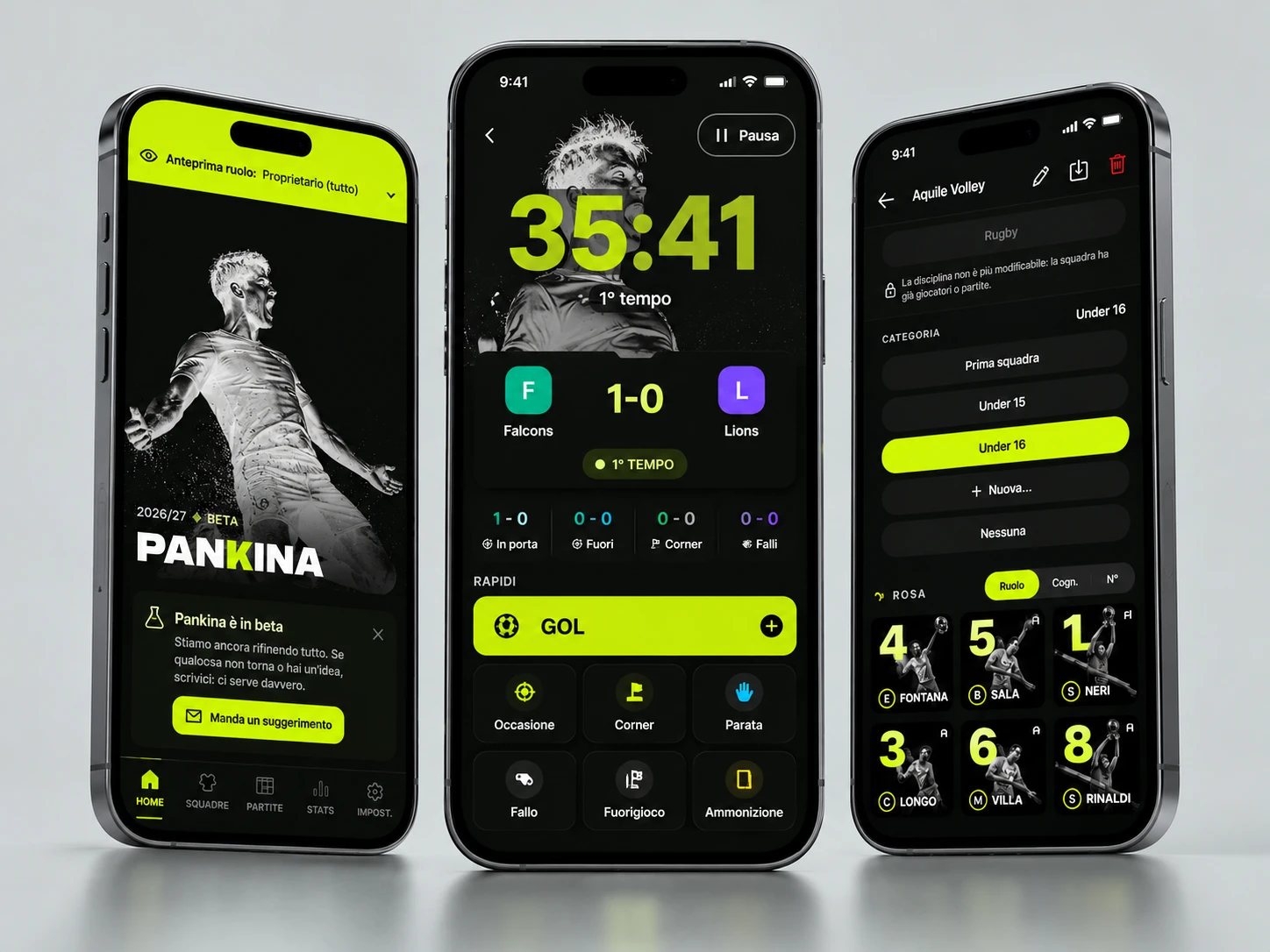 Schermate Pankina: partite, home e gestione rosa